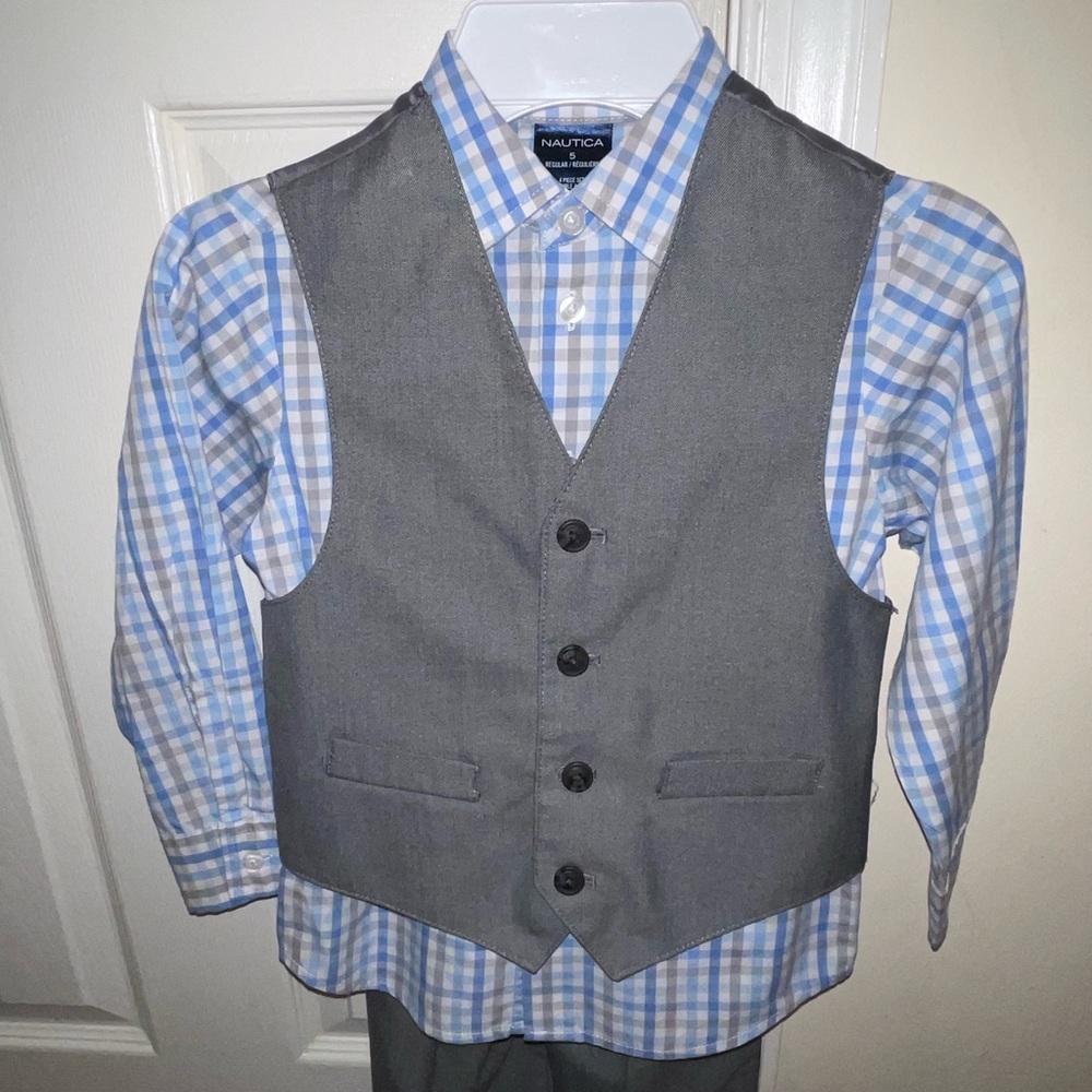 Nautica Gray Vest with Light Blue Plaid Shirt
